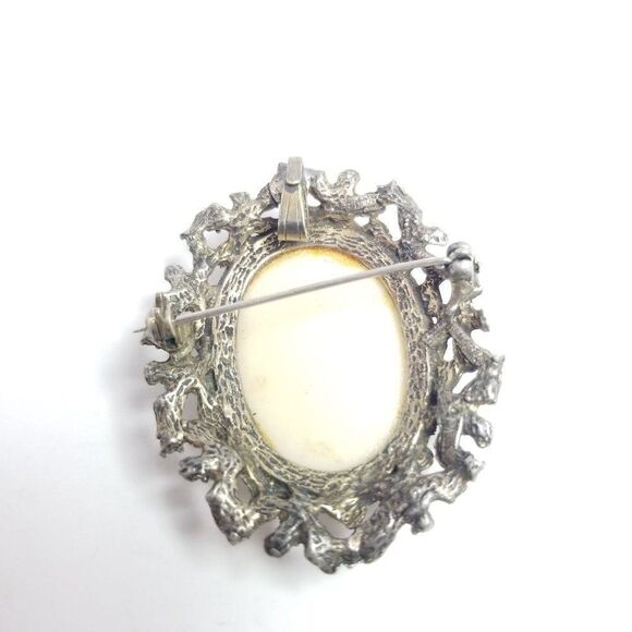Vintage Pretty Lady In Blue Dress Oval Portrait Brooch, Silver Tone Frame, Retro - Picture 3 of 5